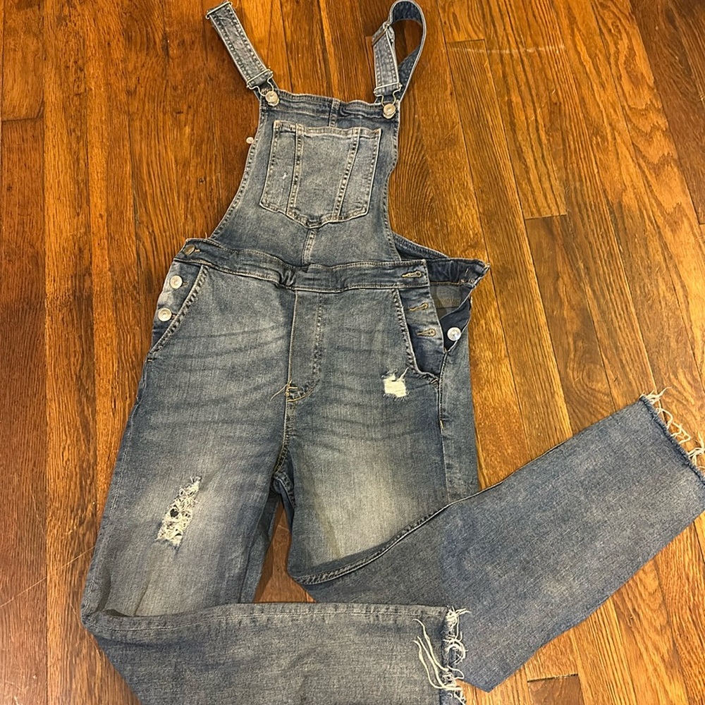 Deconstructed denim overalls
